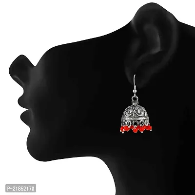 Mahi Oxidised Rhodium Plated Alluring Jhumki Earrings with Red Beads for women ER1109473RRed-thumb2