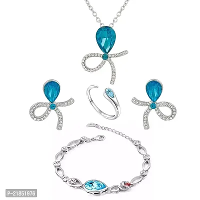 Mahi Rhodium Plated Combo of Blue Solitaire Crystal Designer Pendant Set Finger Ring and Bracelet CO1105030RBlu-thumb0