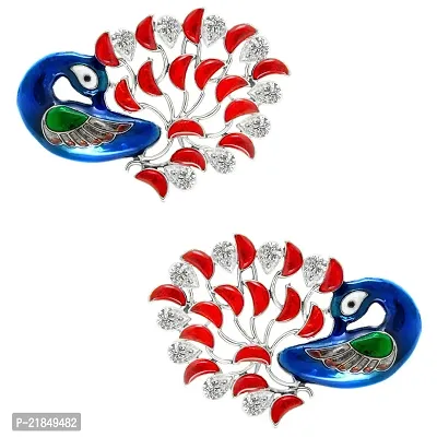 Mahi Rhodium Plated Blue and Red Vivid Peacock Shaped Earrings for Women ER1109411R