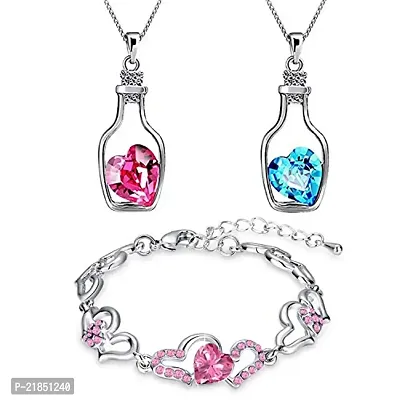 Oviya Combo of Lovely Heart Link Bracelet and 2 Bottle Heart Pendants with Crystals for Girls and Women CO2104893R-thumb0