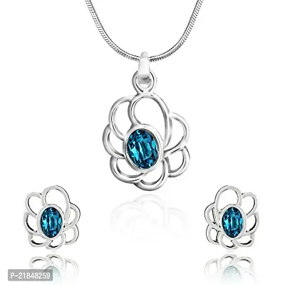 Mahi with Swarovski Crystals Blue Oval Floral Rhodium Plated Pendant Set for Women NL1104111RBlu
