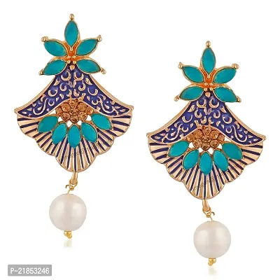 Mahi Meenakari Work Rosegold Plated Floral Dangler Earrings with Crystal and Artificial Pearl for Womens (ER1109672Z)-thumb0