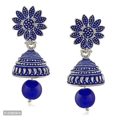 Mahi Meenakari Work Blue Artificial Bead Floral Jhumka Drop Earrings for Women (ER1109684R)-thumb0