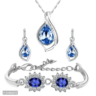 Mahi Combo of Designer Blue Floral Link Bracelet and Pendant Set with Crystal Stones CO1104691R-thumb0