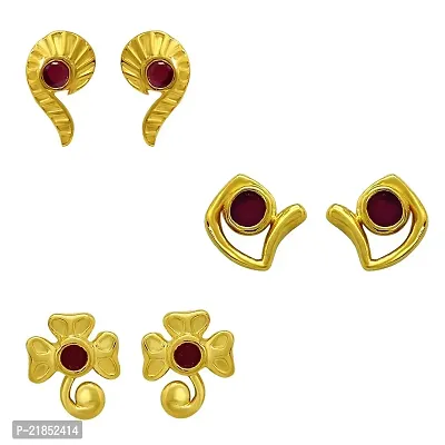 Mahi Gold Plated Red Floral combo of Three Studs with Ruby For Women CO1104561G