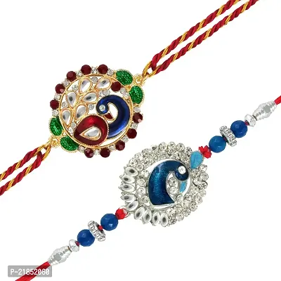 Mahi Crystals and Beads White, Blue, Red and Green Peacock Rakhis for Men - Set of 2