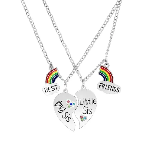 Mahi Rainbow Best Friends BFF, Broken Heart Small Sis and Big Sis Pendant Necklace Chain with Crystals for Girls and Womens (PSCO1101855R)