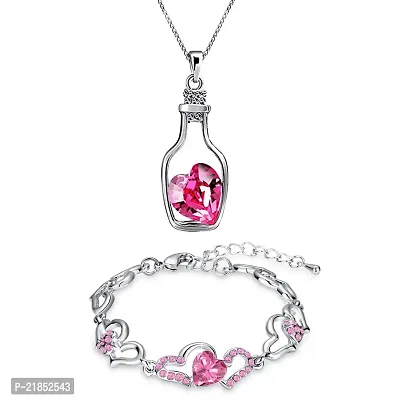 Oviya Valentine Special Combo of Lovely Crystal Heart Link Bracelet and Bottle Heart Pendant of Alloy with Gift Box and Card for Women CO2104883RRdBxCd