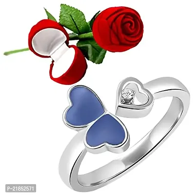 Mahi Tripple Heart Blue Meena Work Silver Color Adjustable Finger Ring with Rosebox for Women FR5103131RBluBx