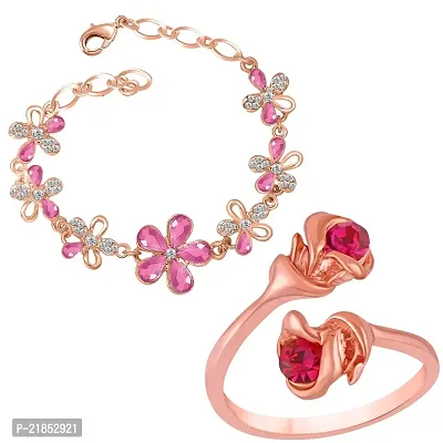 Oviya Valentine Gift - Rose Gold Plated Combo of Bracelet and Adjustable Finger Ring for Girls and Women CO2104833Z