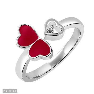 Mahi Tripple Heart Red Meena Work Silver Color Adjustable Finger Ring for Women (FR1103130RRed)