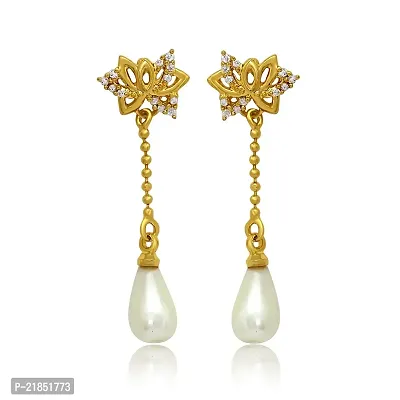 Mahi Exa Collection CZ Floral Lotus Pearl Gold Plated Dangle  Drop Earrings for Women ER6012090G-thumb0