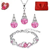 Oviya Valentine Special Pink Crystals Combo of Lovely Heart Link Bracelet and Eiffel Tower Pendant Set of Alloy with Gift Box and Card with for Women CO2104888RRdBxCd-thumb1