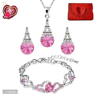 Oviya Valentine Special Pink Crystals Combo of Lovely Heart Link Bracelet and Eiffel Tower Pendant Set of Alloy with Gift Box and Card with for Women CO2104888RRdBxCd-thumb2