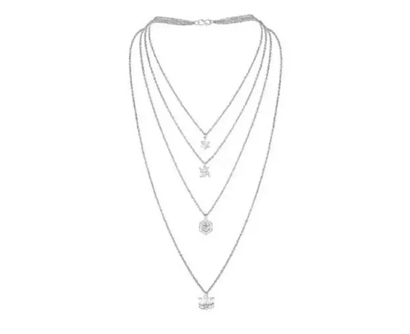 Shimmering Alloy Rhodium Plated Long Multi Layered Chain Charm Necklace