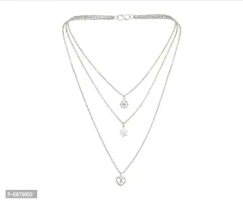 Shimmering Alloy Rhodium Plated Long Multi Layered Chain Charm Necklace For Women