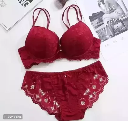 Classic Maroon Lace Solid Bra and Panty Set For Women-thumb0