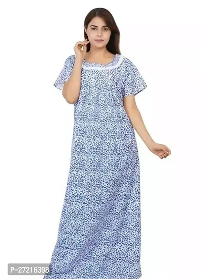 Elegant Blue Cotton Printed Nighty For Women