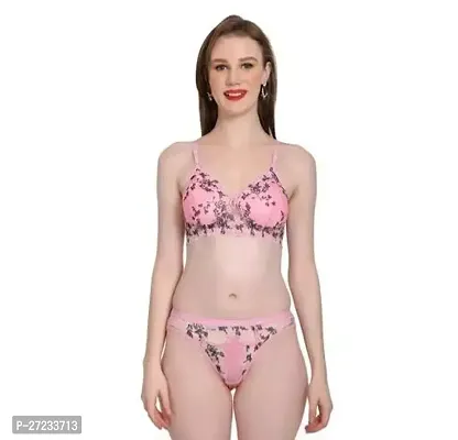 Classic Pink Lace Printed Bra and Panty Set For Women-thumb0