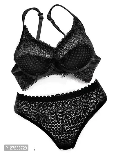 Classic Black Net Embroidered Bra and Panty Set For Women-thumb0