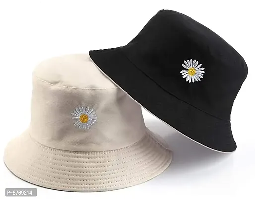 INFISPACE#174; Unisex Reversible-Two Sided Little Daisy Floral Print Summer Travel Beach Hat (Black)-thumb0