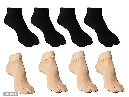 Infispace#174; Girls Ultra-Thin Transparent Nylon Summer Thumb Socks (Beige + Black, Pack of 8, Free size)-thumb0