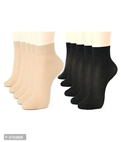 Infispace#174; Girls Ultra-Thin Transparent Nylon Summer Thumb Socks (Black + Beige, Pack of 10, Free size)-thumb0