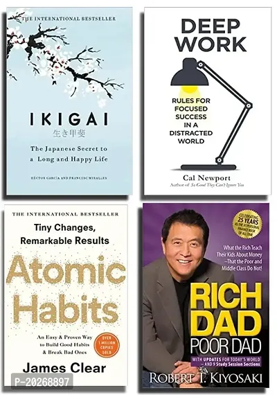 ikigai + deep work + atomic habits + rich dad poor dad[best of 4 book combo]paperback