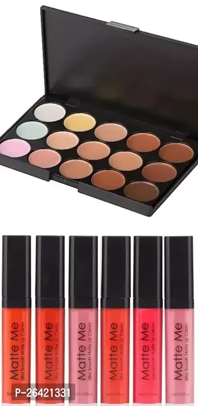 Women Professional 15 Color Concealer Palette Concealer With Matte Me Liquid Lipstick Set Of 6(Multicolor)-thumb0