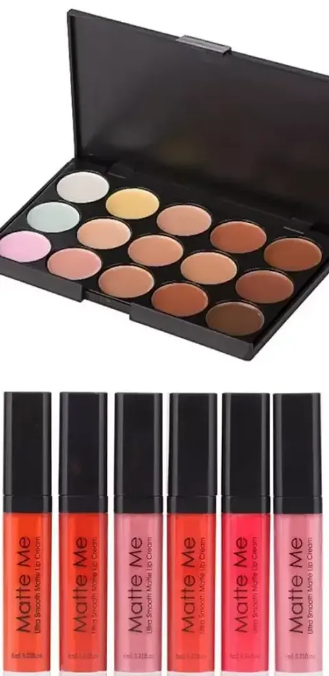 Women Professional 15 Color Concealer Palette Concealer With Matte Me Liquid Lipstick Set Of 6(Multicolor)