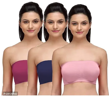 Women's Tube Bra, Strapless, Non Padded (Fit Best Size 28 to 36B) Colors (NavyBlue +Pink+Maroon) Size: 32 (Combo of 3)