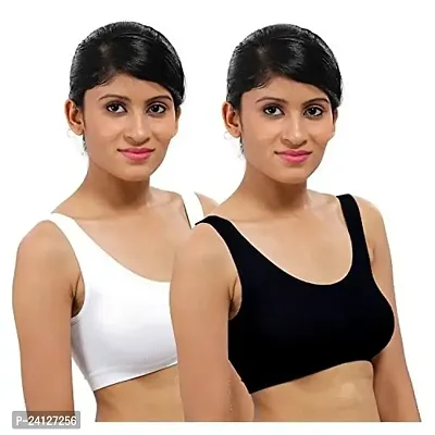 Women's Air Bra, Sports Bra, Stretchable Non-Padded  Non-Wired Seamless Bra, Free Size (Fits Best - Size 28 to 38) Black n White-thumb2