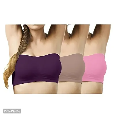 Beauty Plus Women's Poly Cotton Strapless Non-Padded Tube Bra (Bhar5694, 28B-36B, Pink, Light Brown, Dark Purple) - Combo of 3