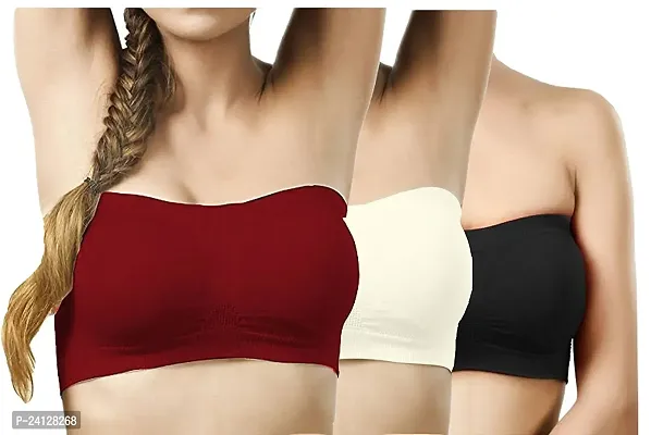 Women's Tube Bra, Multicolor Wirefree, Strapless, Non Padded (Fit Best Size 28 B to 36B) Colors (Black,Maroon,White) Size: 32B (Combo of 3)-thumb0
