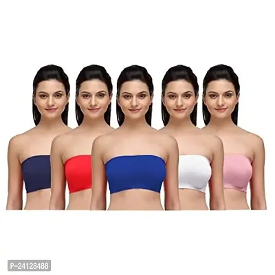Beauty Plus Women's Nylon Non Padded Wireless Strapless Stretchable Tube Bra (Blue, Red, Navy Blue, White, Pink, 28B-36B)- Combo of 5-thumb0