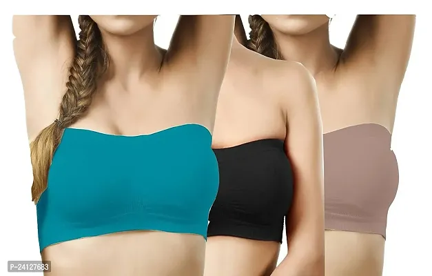 Women's Tube Bra, Multicolor Wirefree, Strapless, Non Padded (Fit Best Size 28B to 36B) Colors (Black,SEA Green Light Brown) Size: 30B (Combo of 3)-thumb0