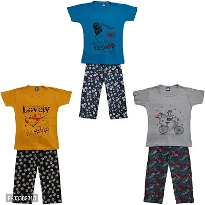 Stylish Multicoloured Cotton Top With Bottom Set For Girls Pack Of 3-thumb0