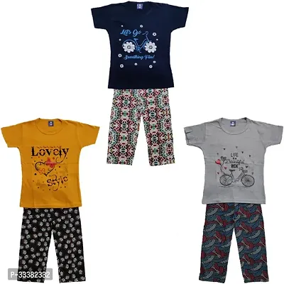 Stylish Multicoloured Cotton Top With Bottom Set For Girls Pack Of 3-thumb0