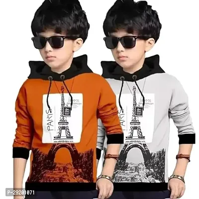 Stylish Cotton Blend Printed Long Sleeve Hooded T-Shirt For Boys Pack Of 2-thumb0