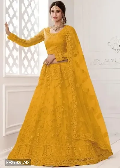 Stylish Yellow Net Embroidered Lehenga Choli Set For Women-thumb0