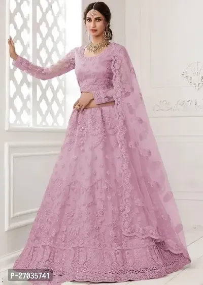 Stylish Pink Net Embroidered Lehenga Choli Set For Women-thumb0