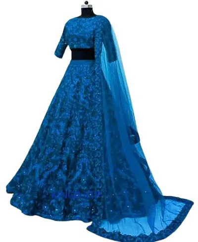 Stylish Blue Net Embroidered Lehenga Choli Set For Women