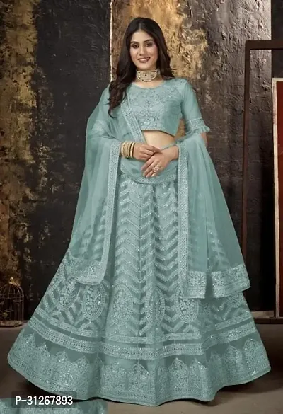 Stylish Green Net Embroidered Lehenga Choli Set For Women-thumb0