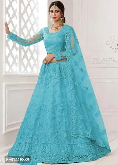 Women's Regular Fit  Net Embroidered Lehenga Choli  Dupatta Set-thumb0