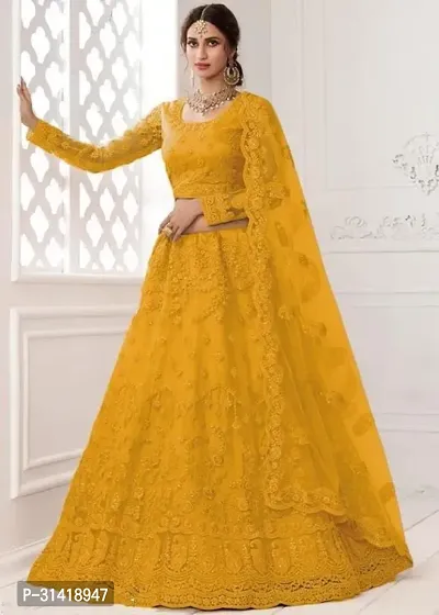 Women's Regular Fit  Net Embroidered Lehenga Choli  Dupatta Set-thumb0