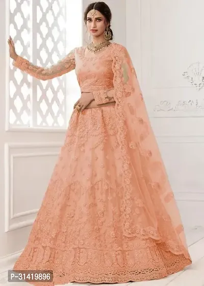 Women's Regular Fit  Net Embroidered Lehenga Choli  Dupatta Set-thumb0