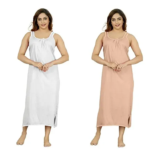 VIG TRENDS Women's Solid Cotton Sleeveless Long Nighty Gown Free Size Plain Maxi Sleepware, Night Dress (Pack of 2