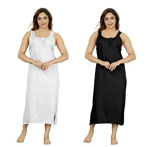 VIG TRENDS Women's Solid Cotton Sleeveless Long Nighty Gown Free Size Plain Maxi Sleepware, Night Dress (Pack of 2