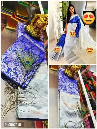 Milky Silk Saree/Sari Indian Pure Vintage Fabric Blouse Soft 100% Banarasi Wear | Ethnic Wear |Traditional Wedding Party Woven Sarees (Blue)-thumb4