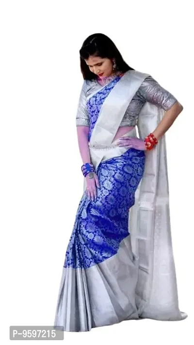 Milky Silk Saree/Sari Indian Pure Vintage Fabric Blouse Soft 100% Banarasi Wear | Ethnic Wear |Traditional Wedding Party Woven Sarees (Blue)-thumb0